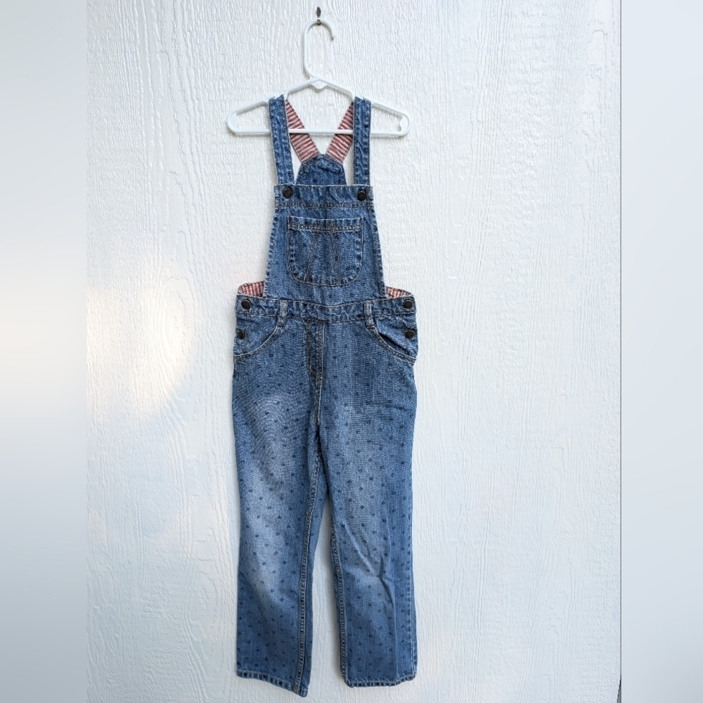 Hanna Andersson Denim Polka Dot Cotton Bibs Overalls Youth Kids Size 8 130cm